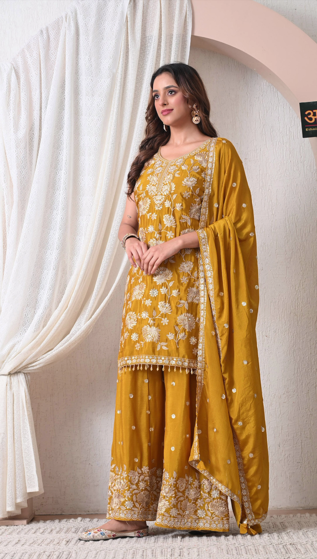 Advita Mustard Gold Chinon Embroidered Sharara for Women