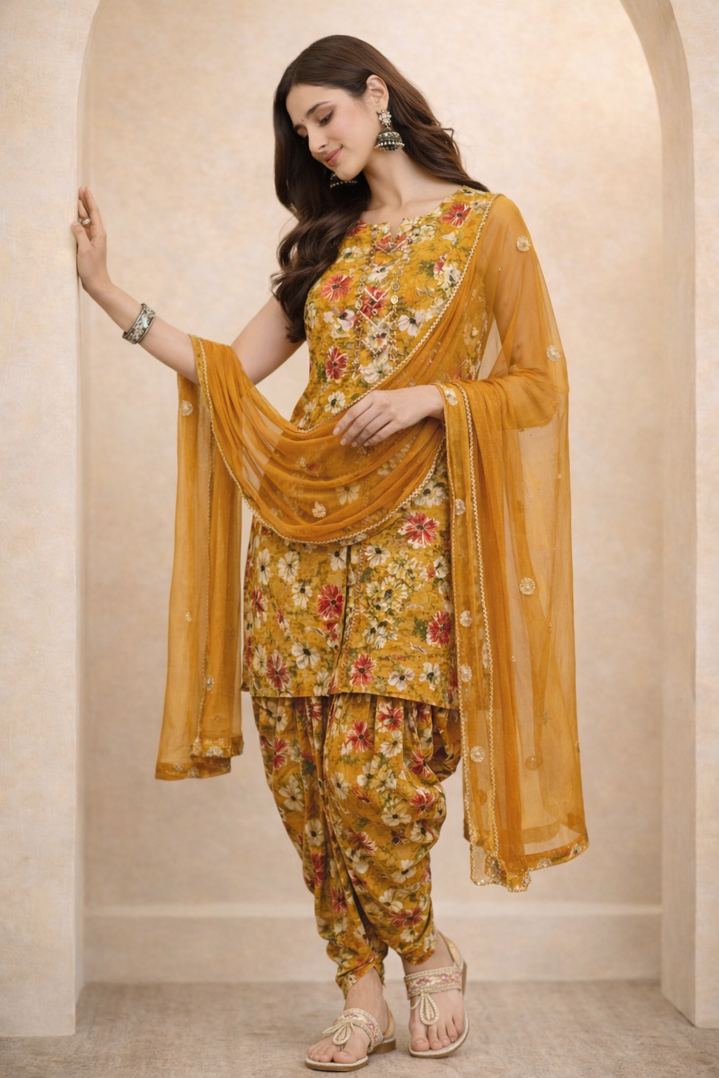 Full look of mustard yellow floral dhoti suit for women