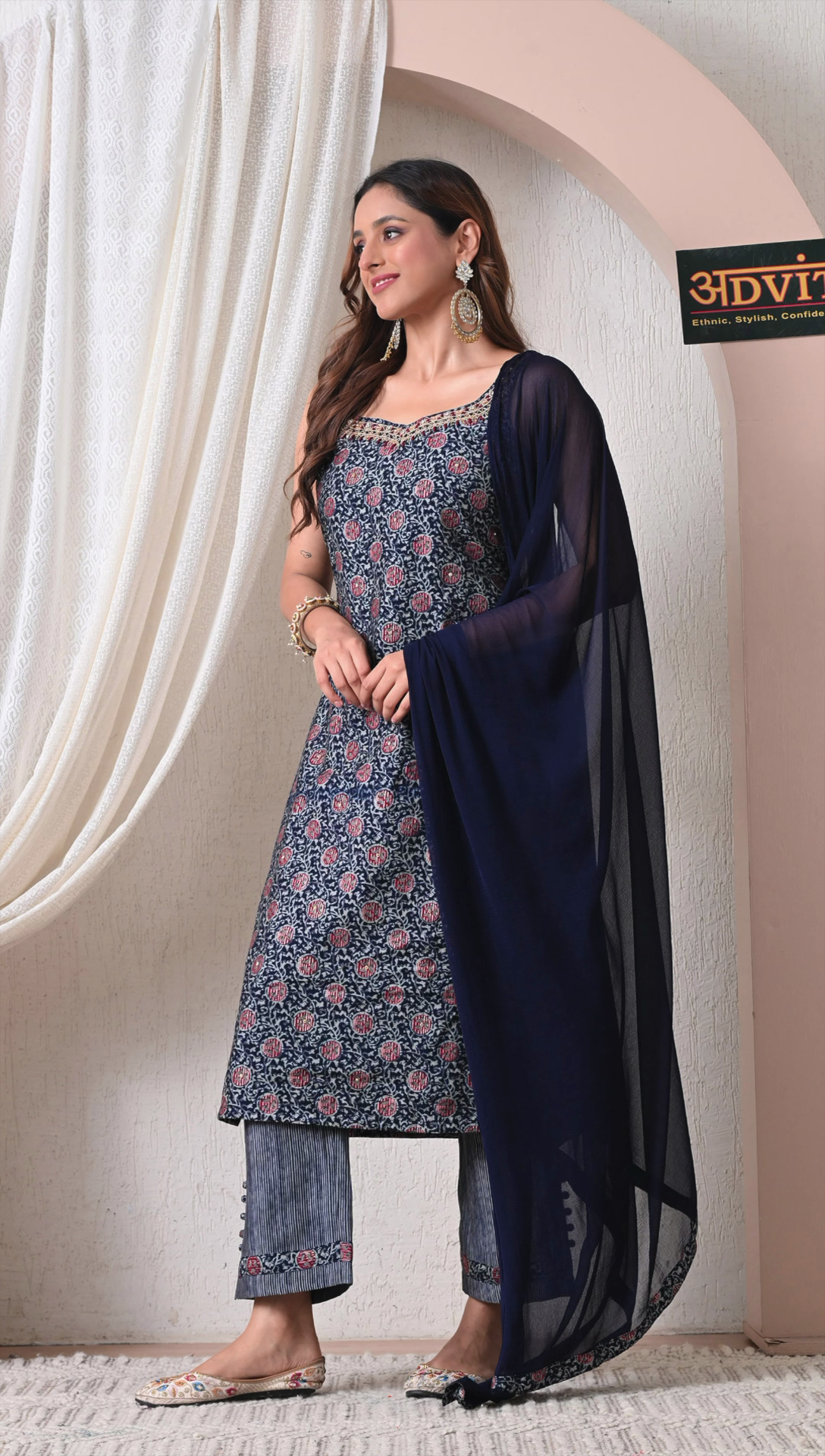 Women's navy blue rayon cotton ethnic suit set full outfit look