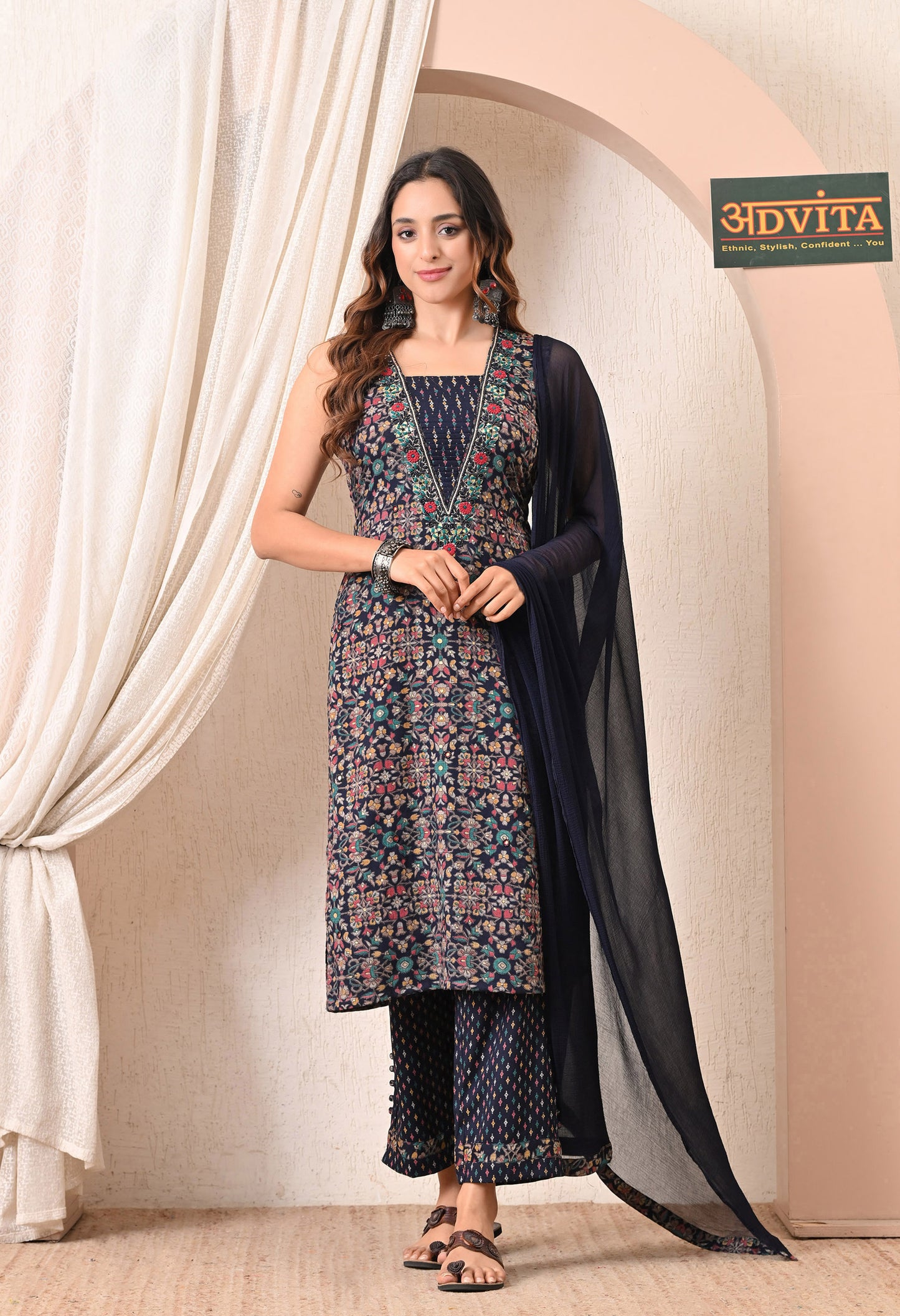 Women navy blue daily wear kurti pant dupatta set