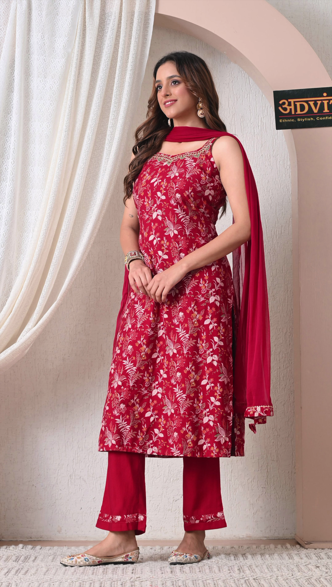 Advita Maroon Floral Rayon Cotton 3-Piece Suit with Dupatta