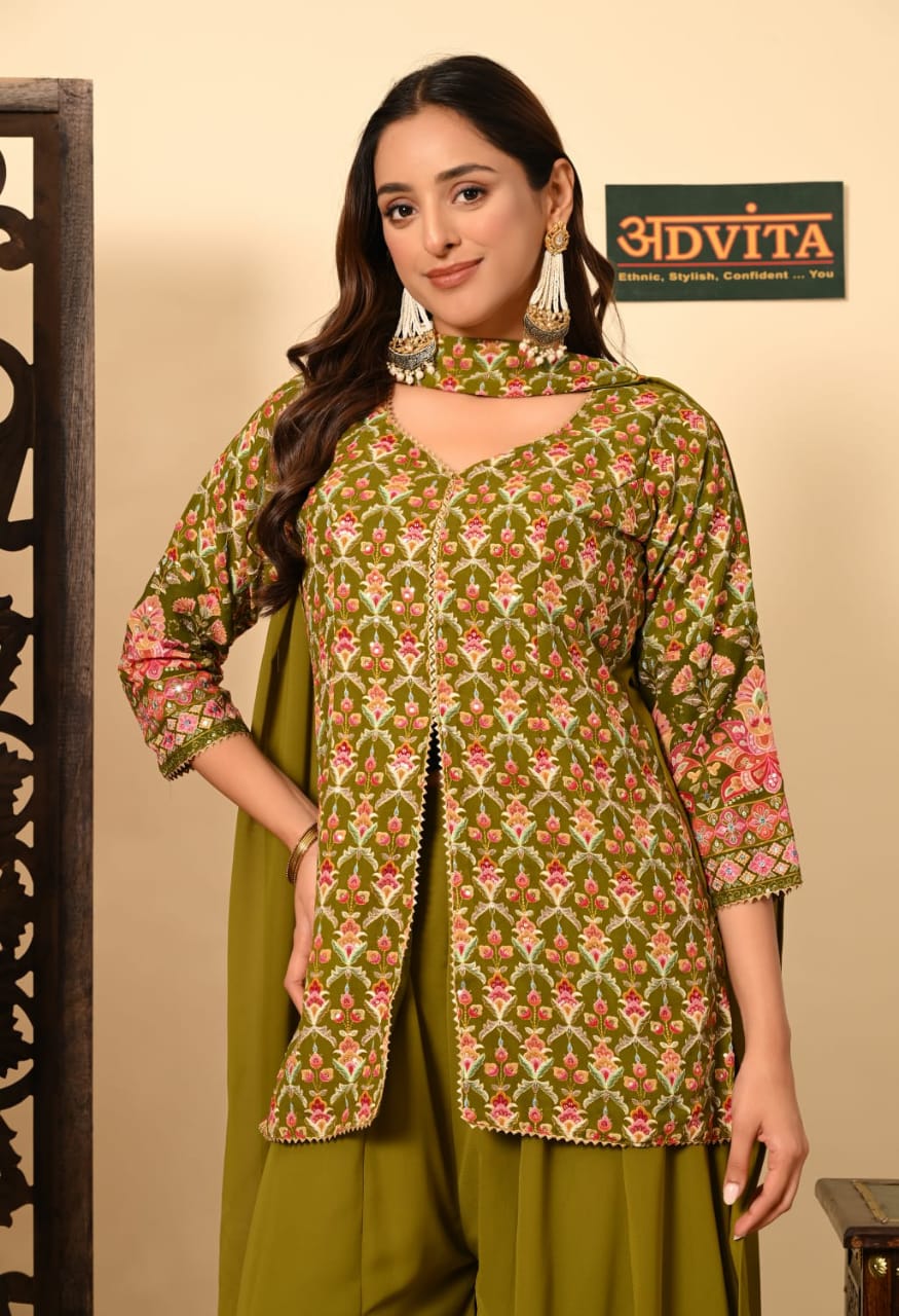 Women mehndi green kurti sharara dupatta set for festive wear