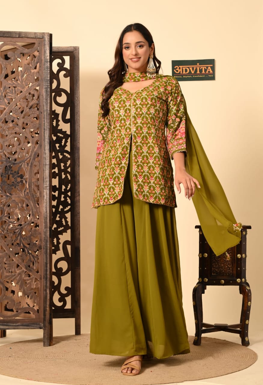 Woman wearing mehndi green sharara suit with dupatta