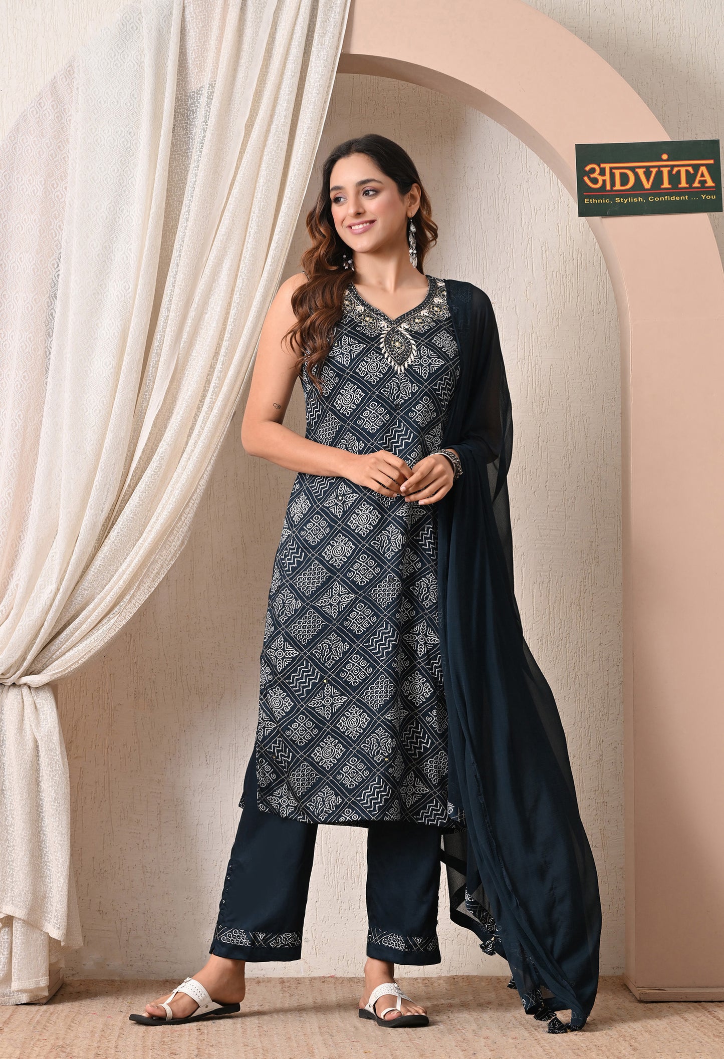 Woman wearing midnight blue gaji silk kurta pant dupatta set