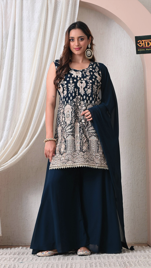 Advita Navy Blue Embroidered Georgette Sharara Party Wear Set with Dupatta