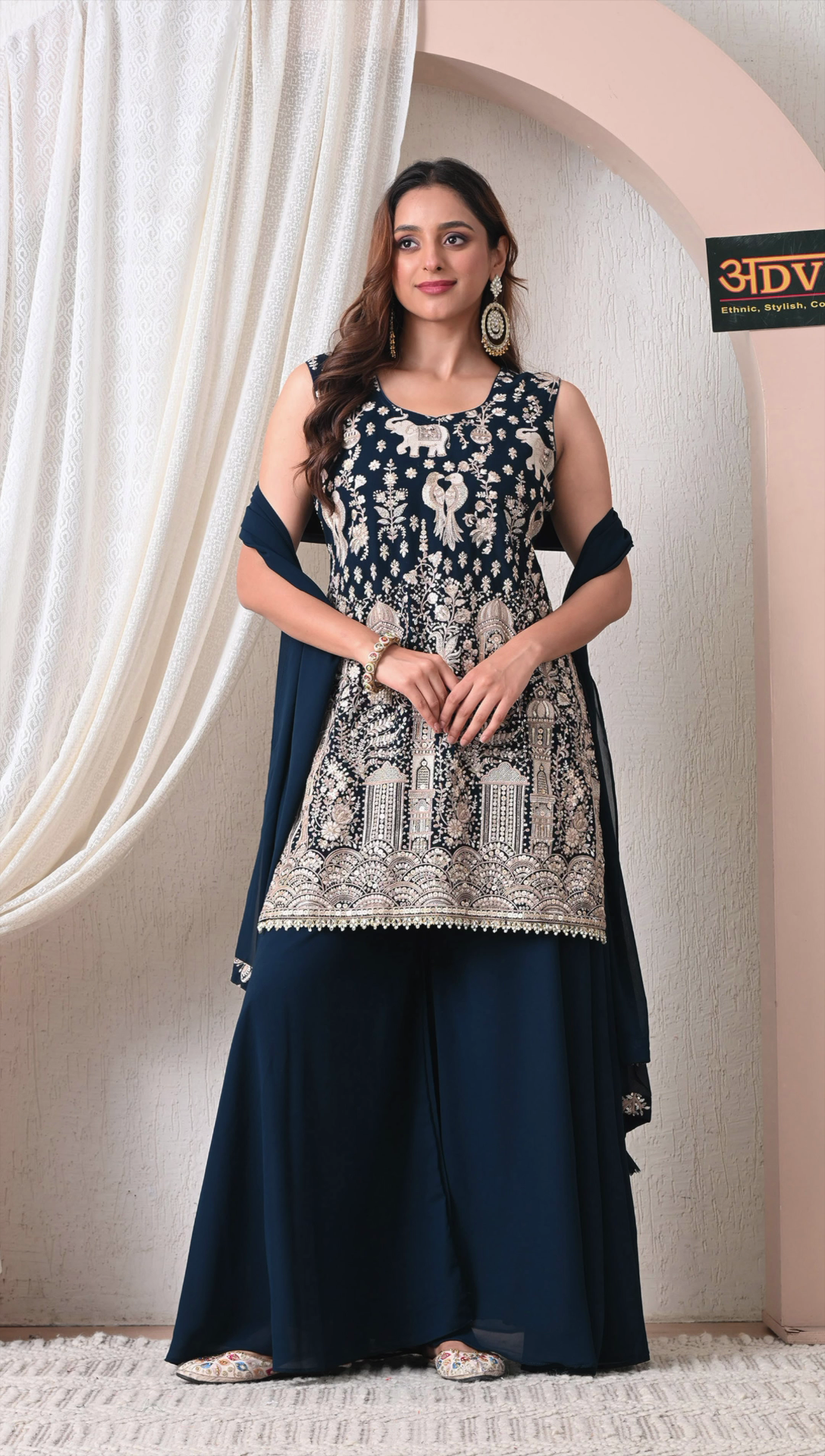 Advita Navy Blue Embroidered Georgette Sharara Party Wear Set with Dupatta