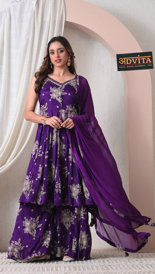 Advita Royal Purple Chinon Silk Sharara Suit with Dupatta – Party Wear Set