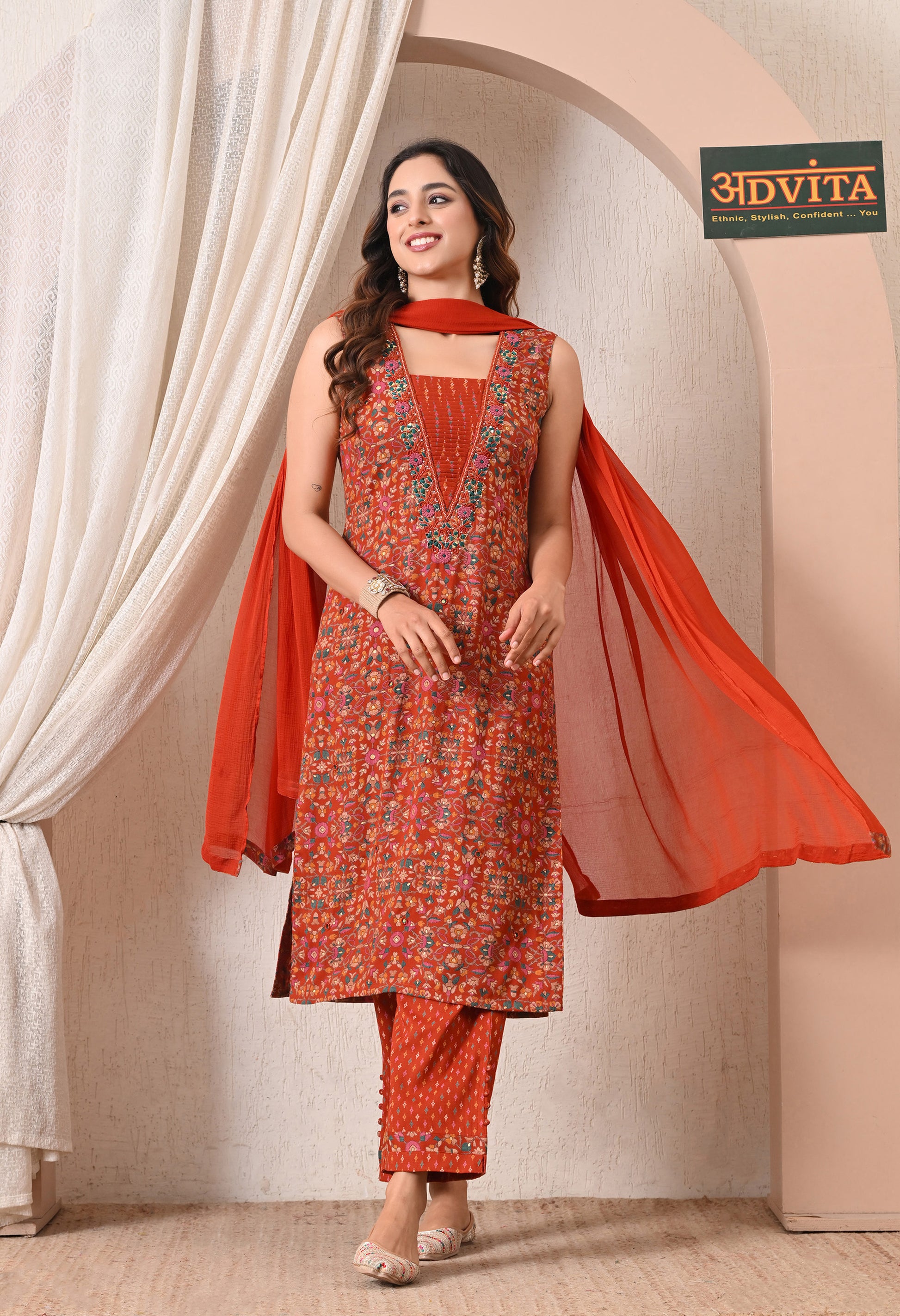 Women rust orange printed rayon cotton 3 piece suit set