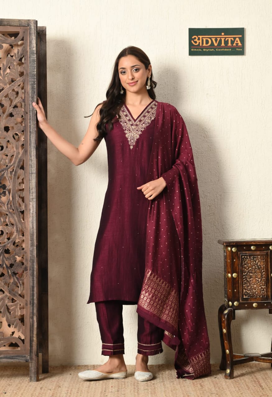 Women wine kurti pant dupatta set for festive wear