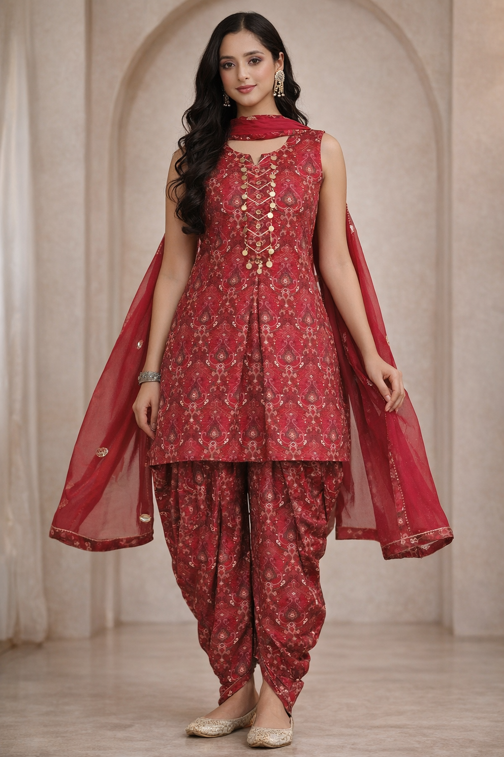 crimson-maroon-bandhani-dhoti-suit-front