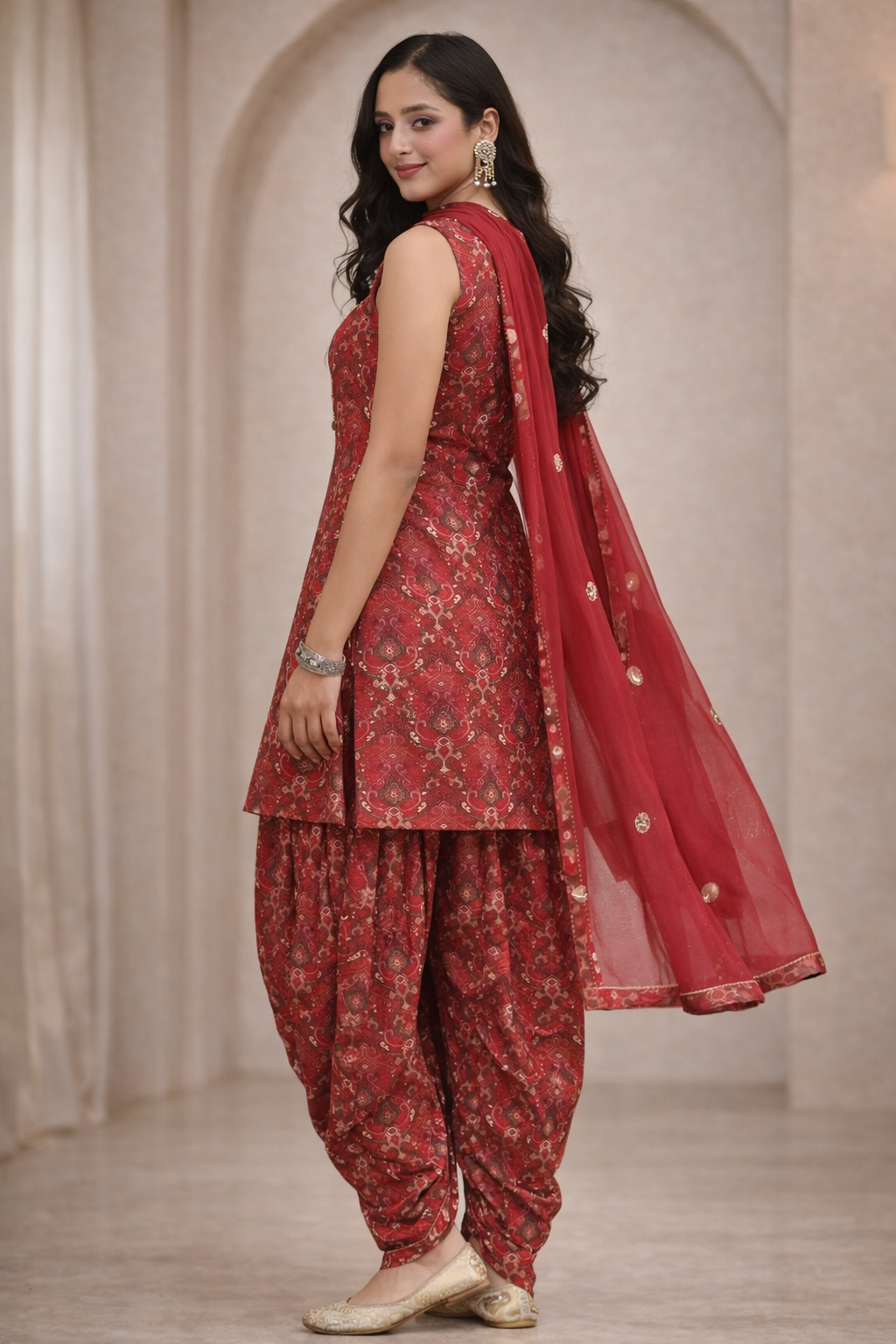 Full look of crimson maroon festive dhoti suit for women