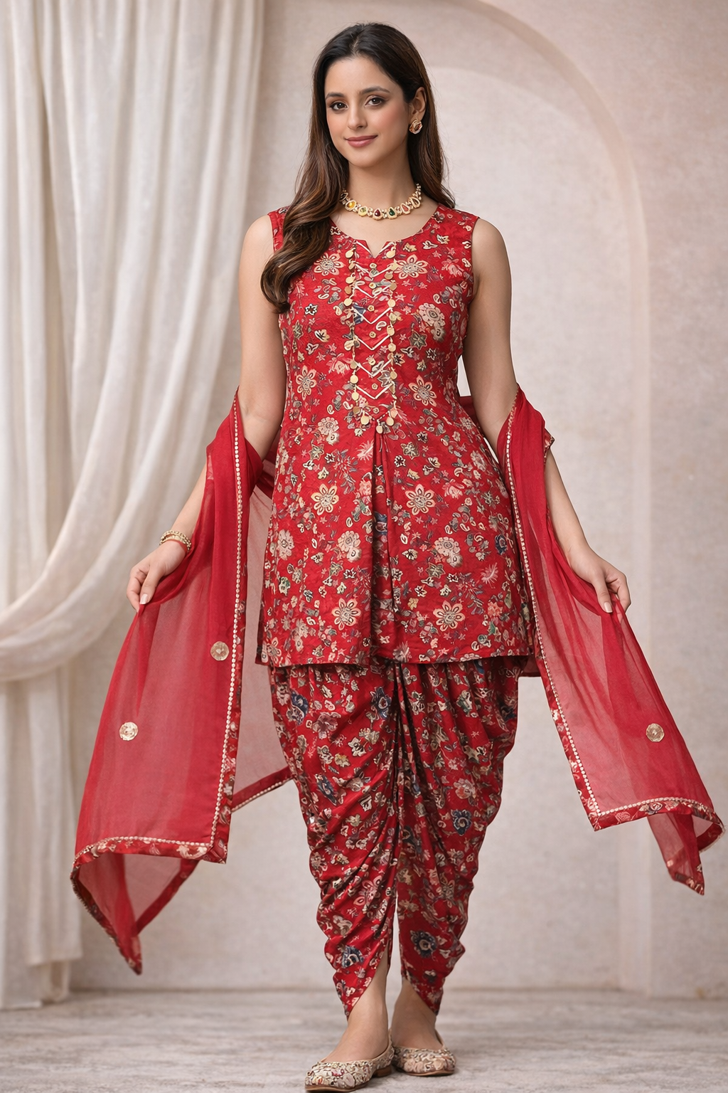 Woman wearing crimson red printed dhoti suit with dupatta