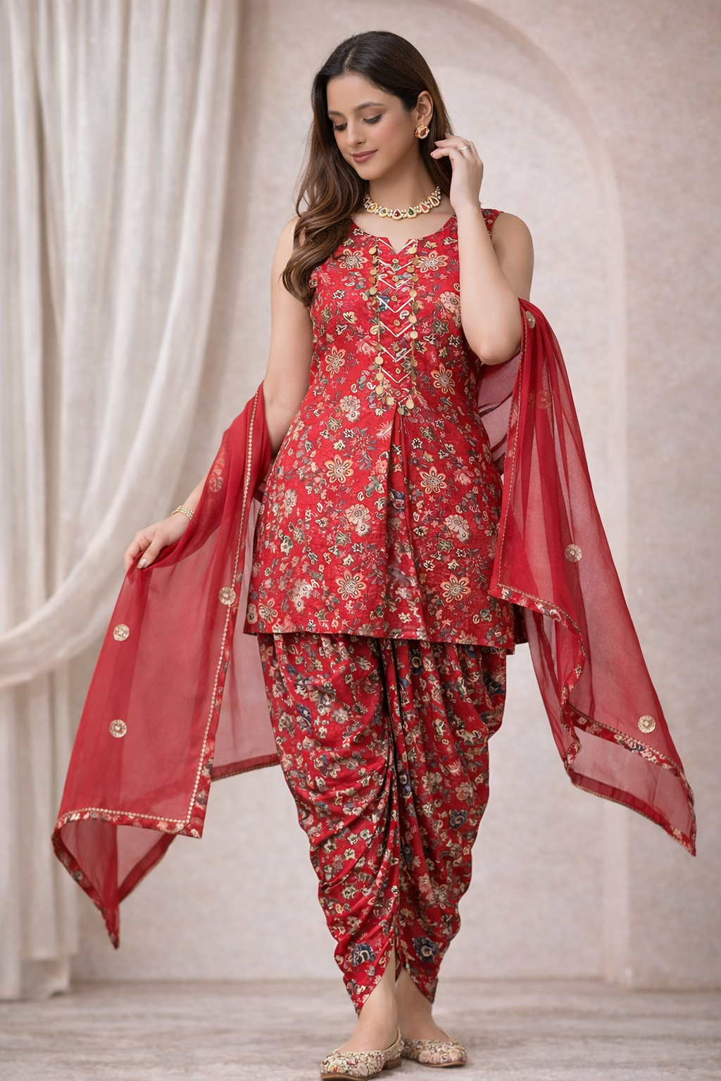 Full look of crimson red festive dhoti suit for women