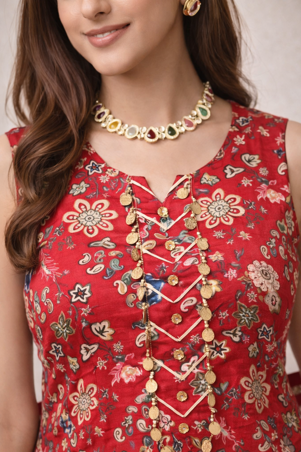 Closeup detail of crimson red printed dhoti suit