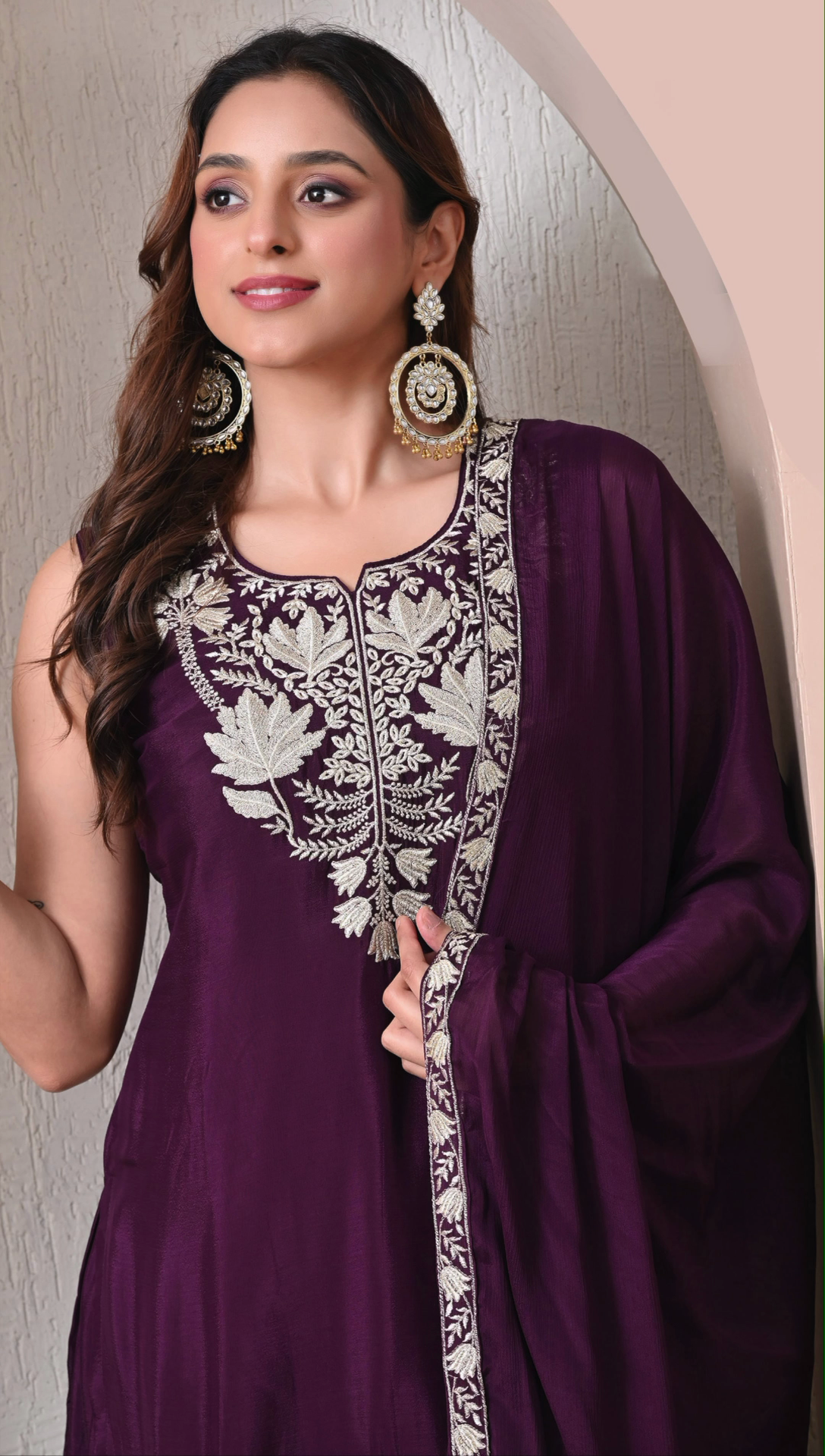 Closeup embroidery detailing on purple chinon sharara set