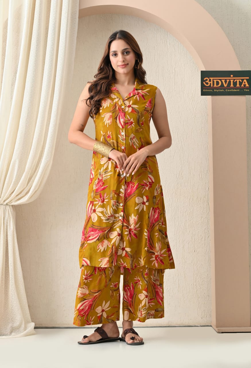 Woman wearing floral rayon cotton A-line kurta set