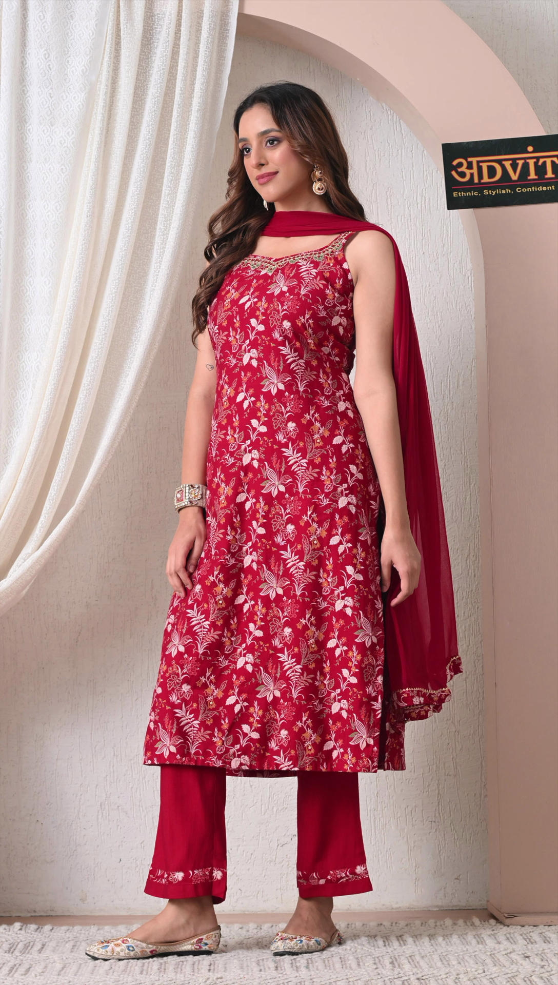 Side view of maroon rayon cotton ethnic suit set