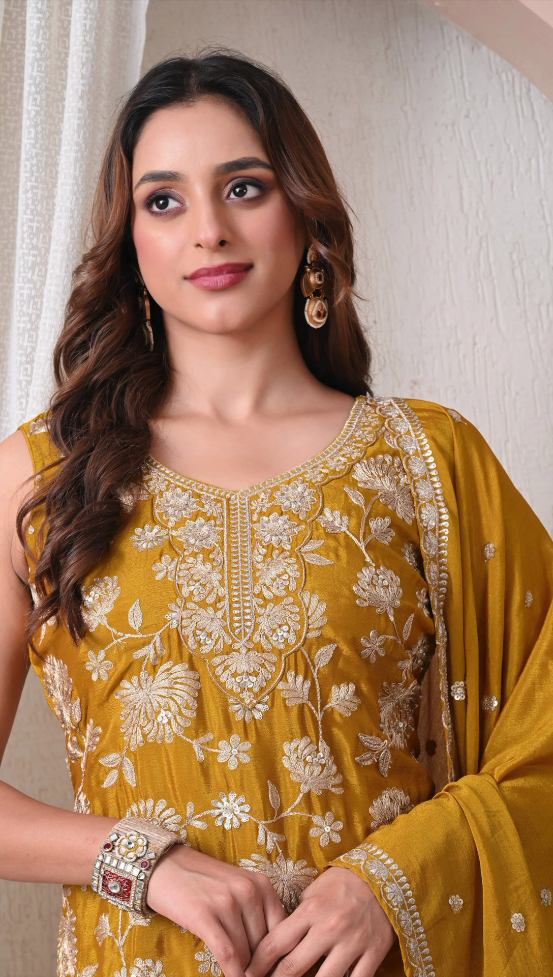 Advita Mustard Gold Chinon Embroidered Sharara for Women