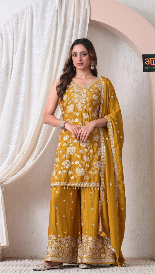 Advita Mustard Gold Embroidered Chinon Sharara Suit with Dupatta