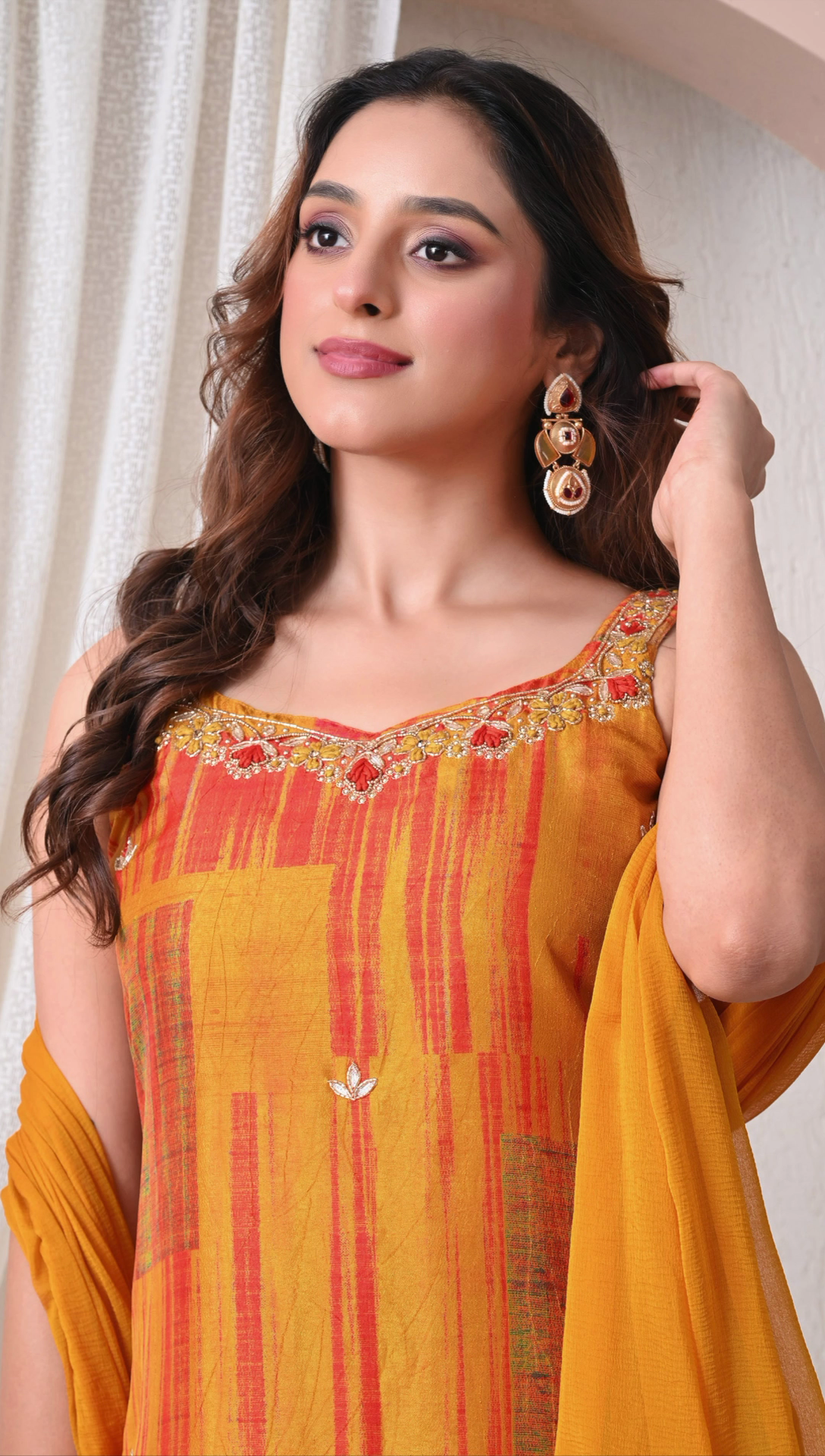 Advita Mustard Orange Checked Muslin Silk Kurti Set with Dupatta