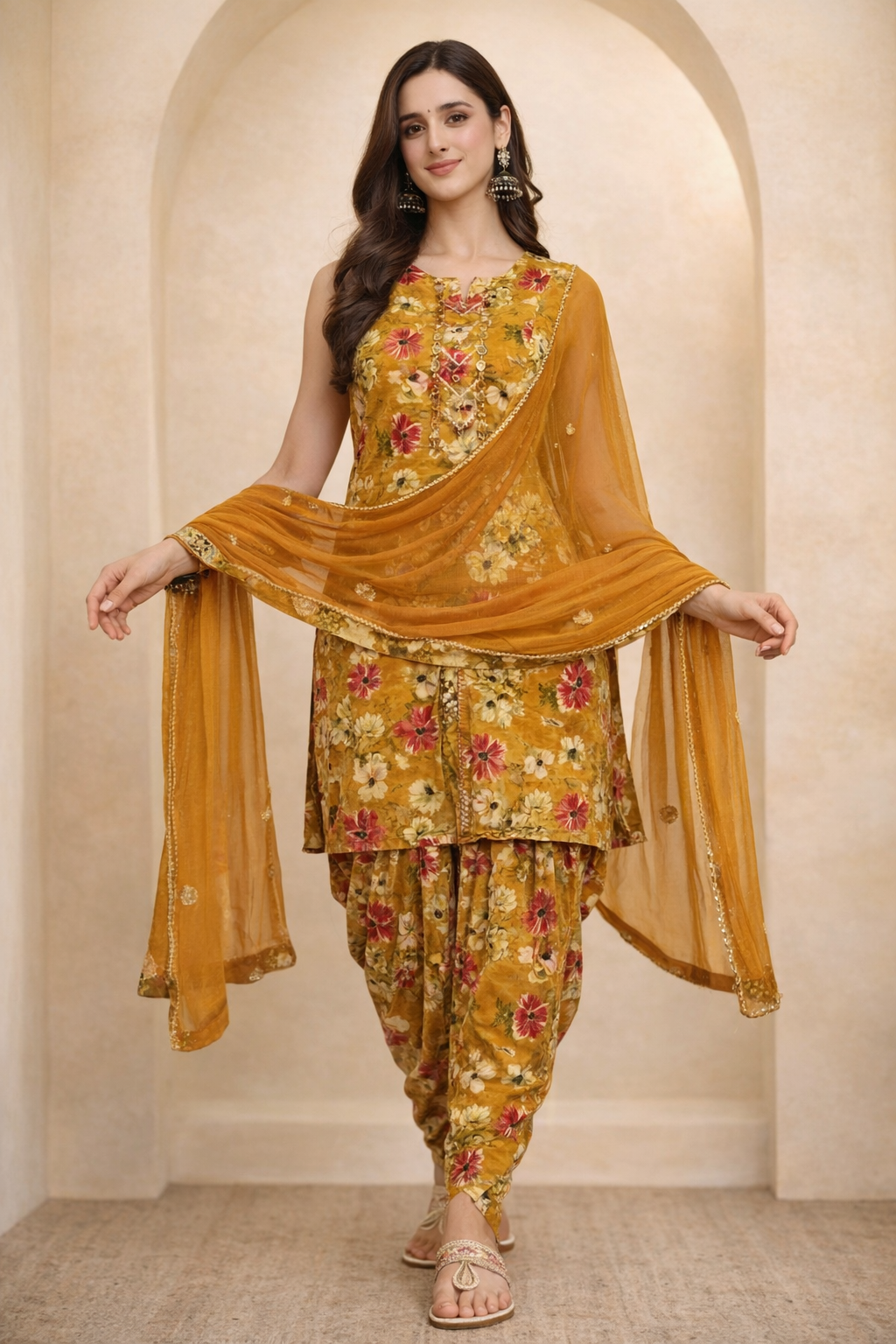 Woman wearing mustard yellow floral print dhoti suit with dupatta