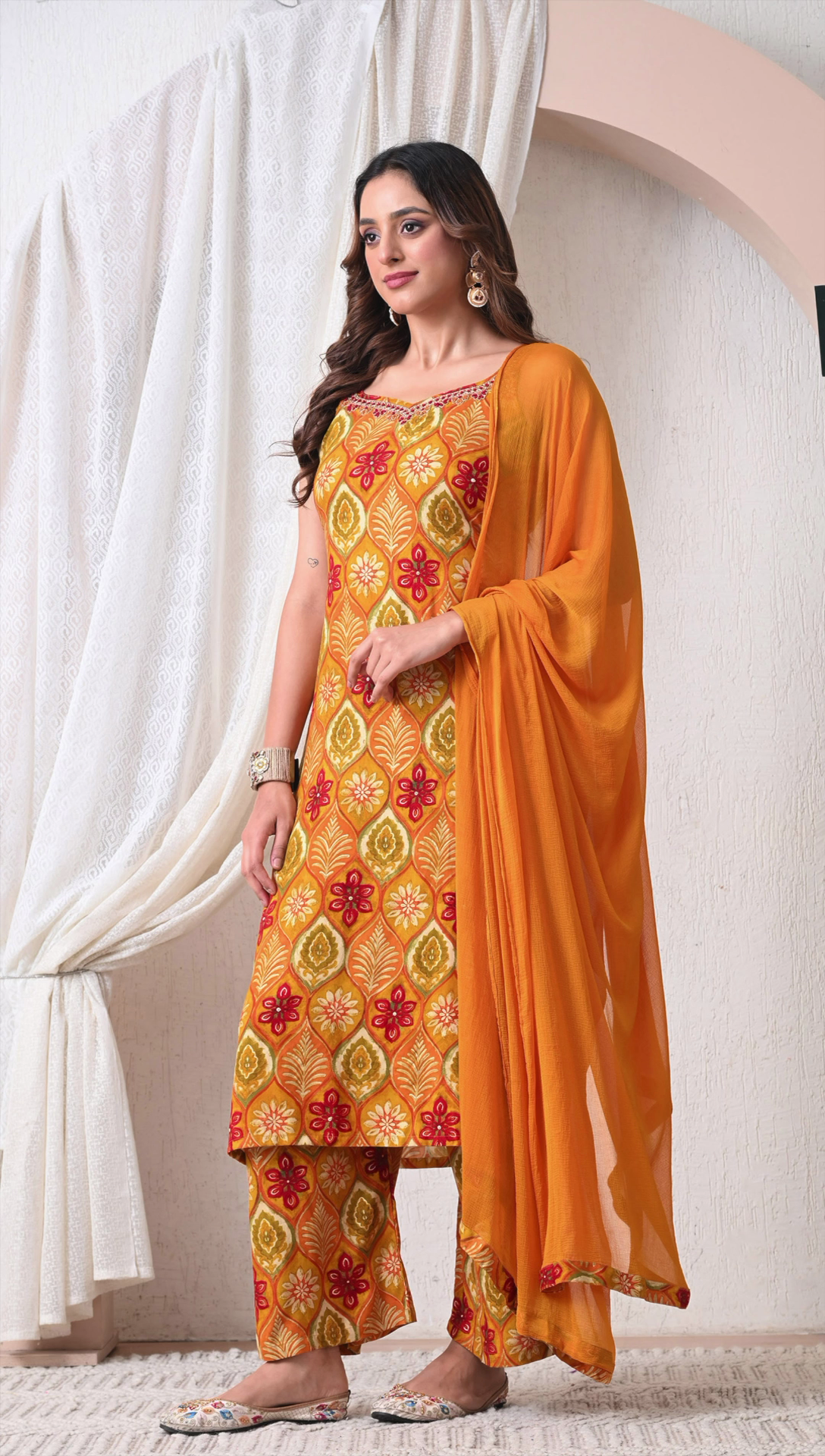 Side view of mustard yellow printed rayon cotton suit set