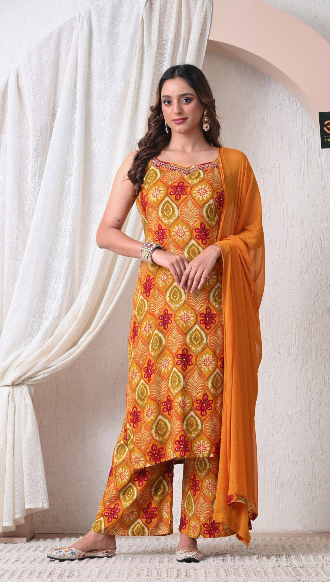 Full look of mustard yellow rayon cotton 3 piece suit set