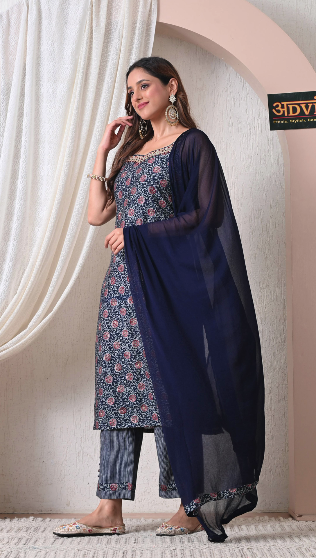 Side view of navy blue rayon cotton suit set with dupatta