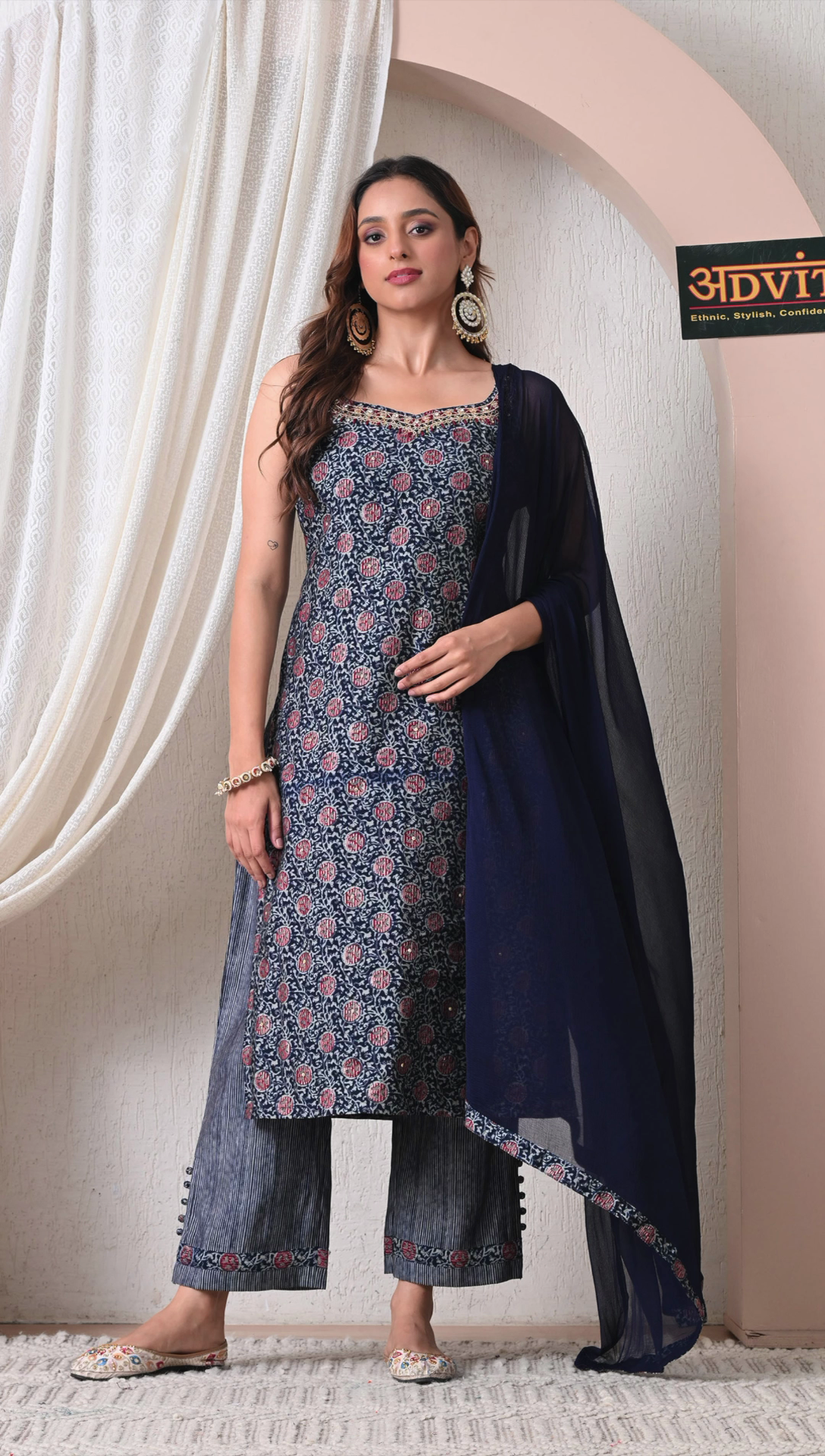 Navy blue printed rayon cotton 3 piece suit set for women front view
