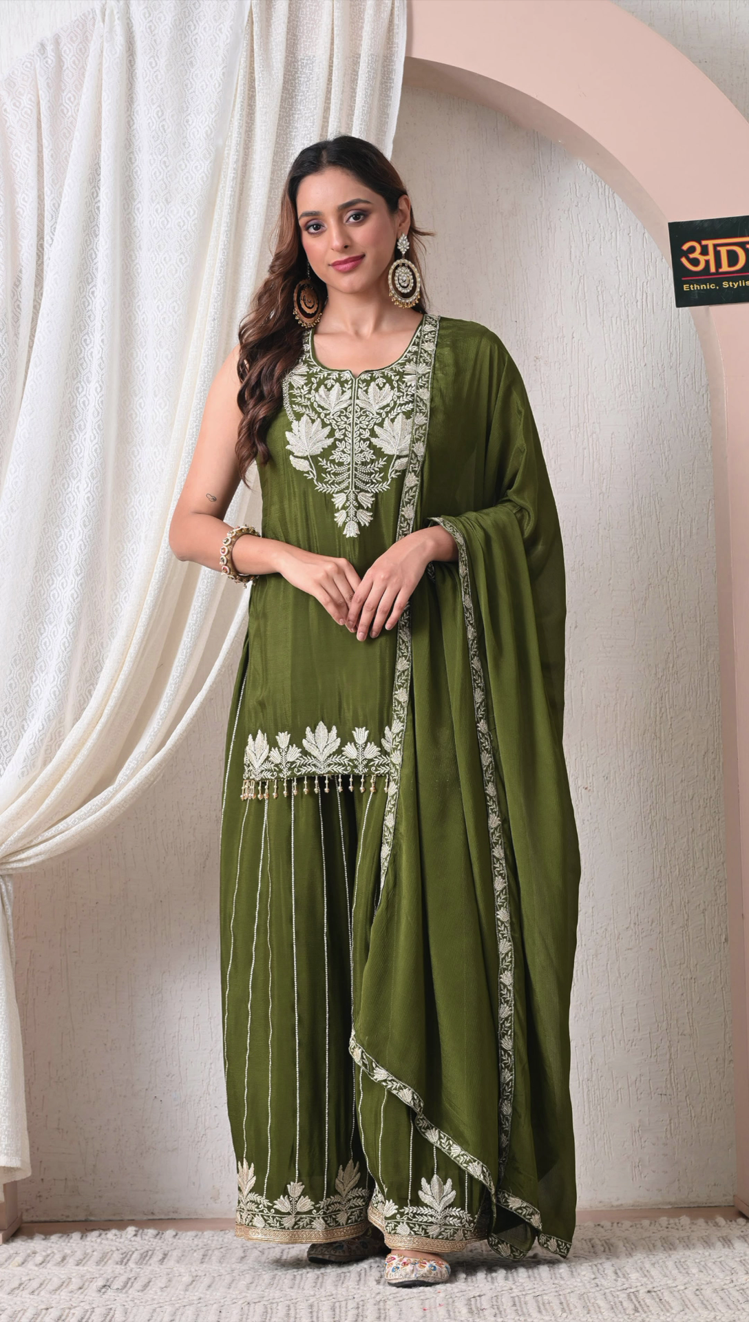 Full look of olive green party wear sharara suit for women