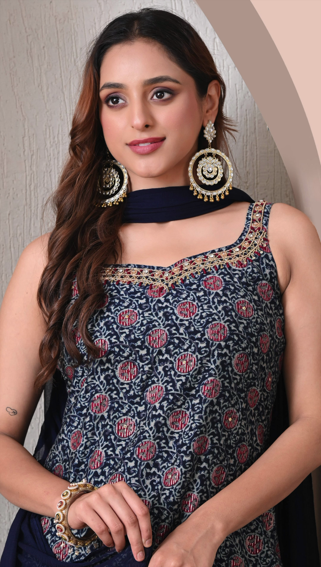 Closeup of printed rayon cotton kurta design for women