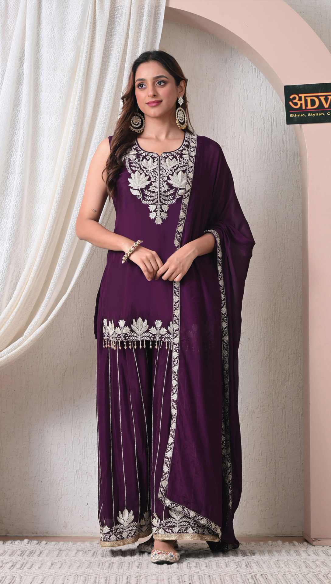 Purple chinon embroidered sharara suit set for women front view