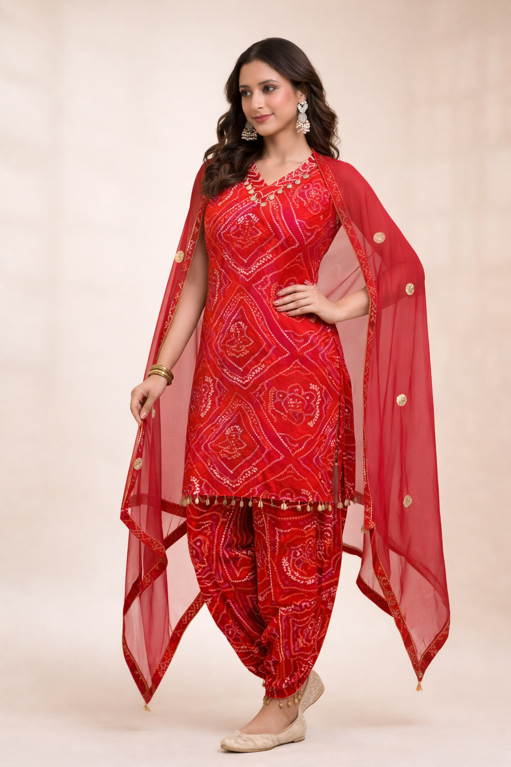 Full look of red bandhani dhoti suit for women