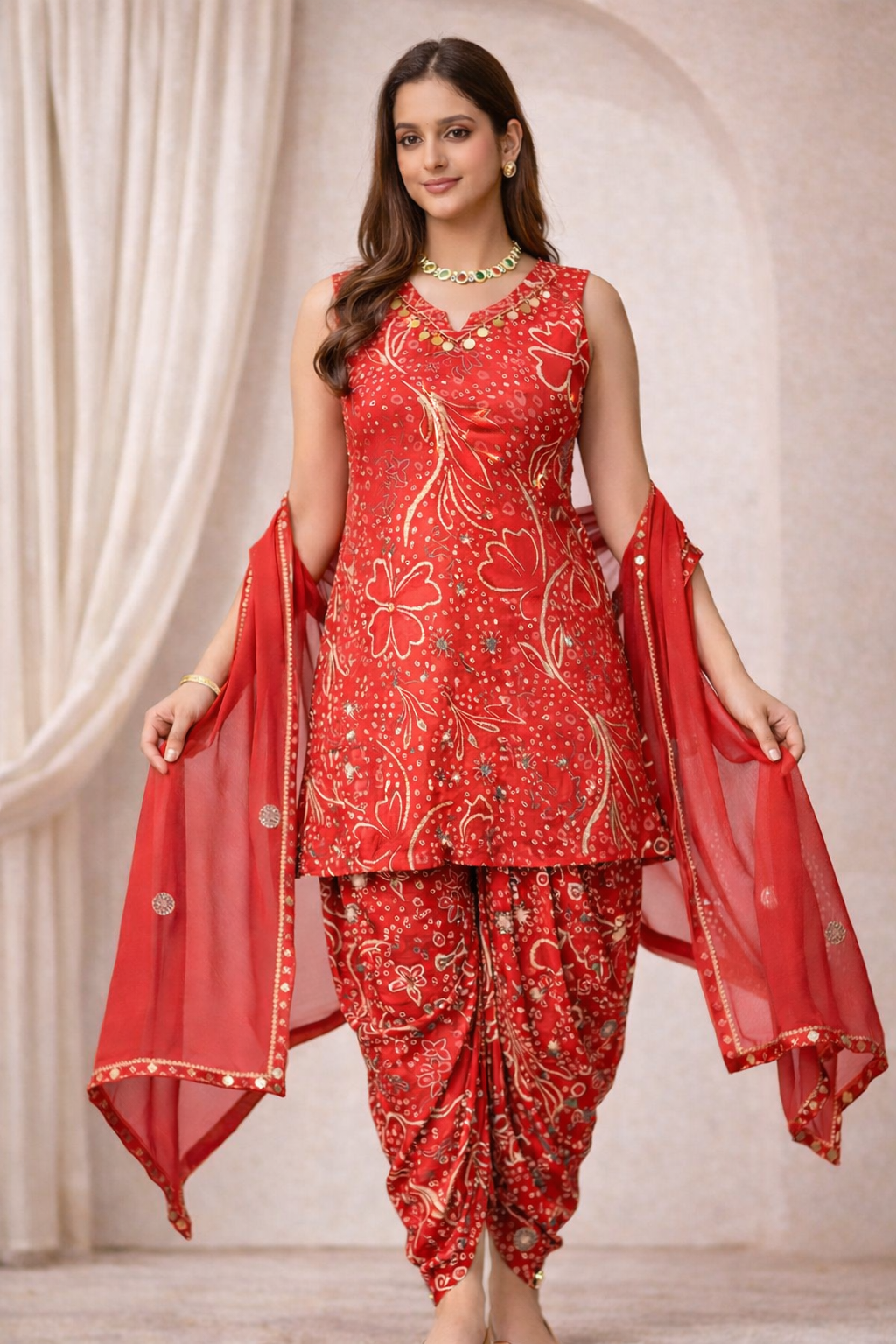 Woman wearing ruby red party wear dhoti suit with dupatta