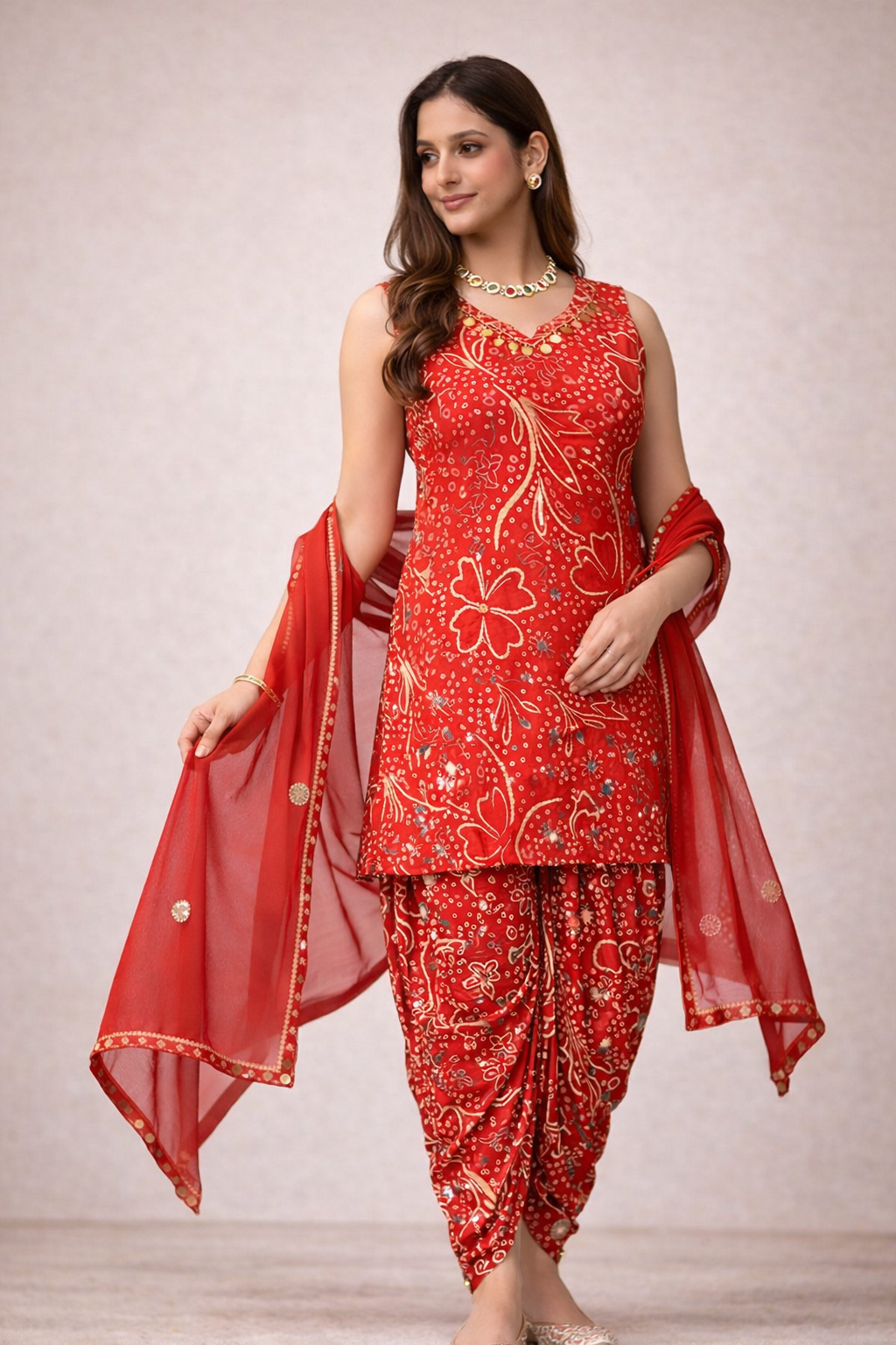 Full look of ruby red festive dhoti suit for women