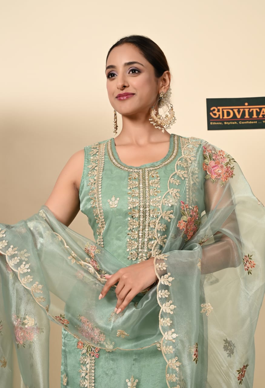 Closer look of sea green embroidered 3 piece party wear suit